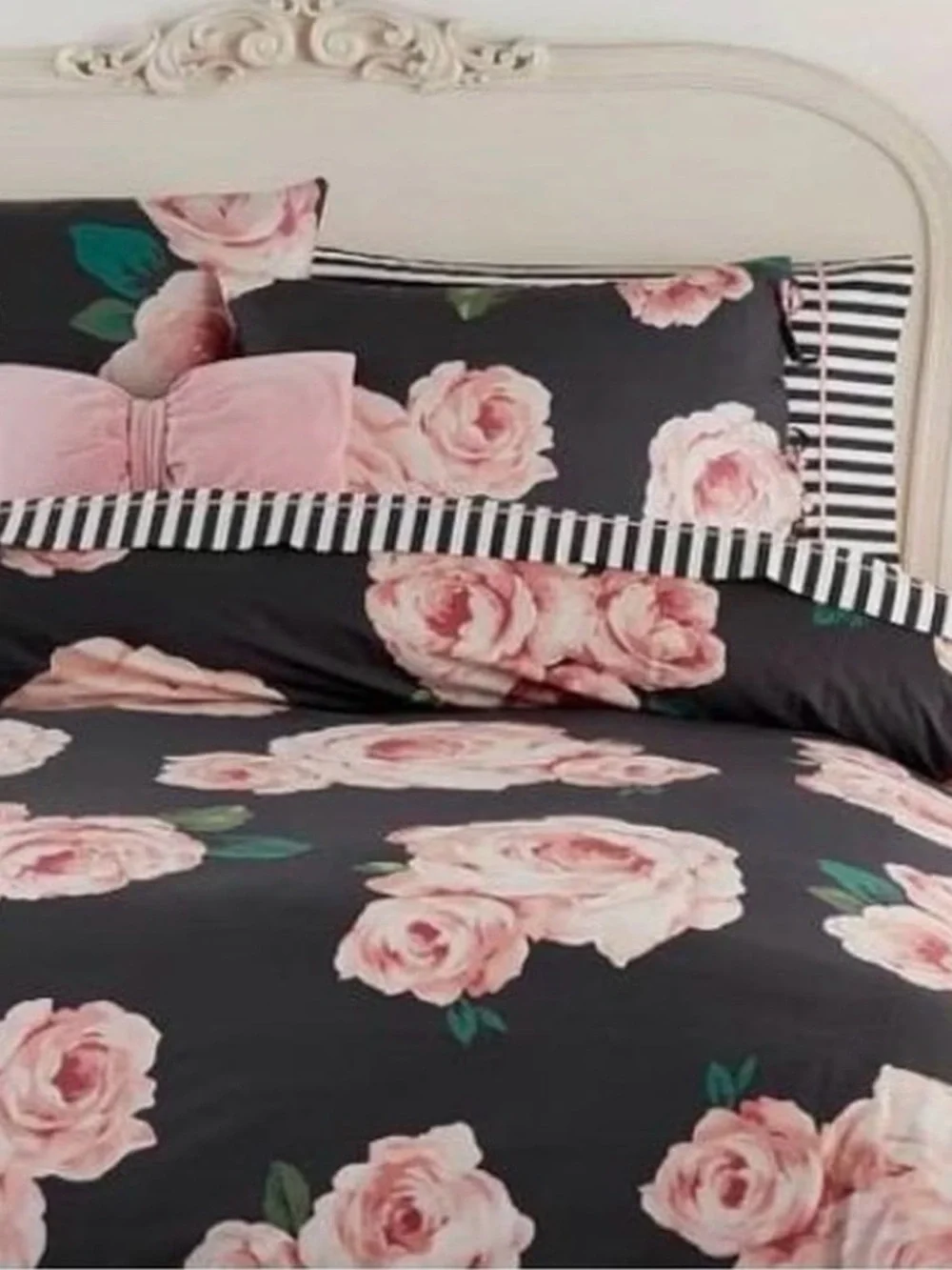 Pottery Barn Teen Black Duvet Cover with Pink Rose Print